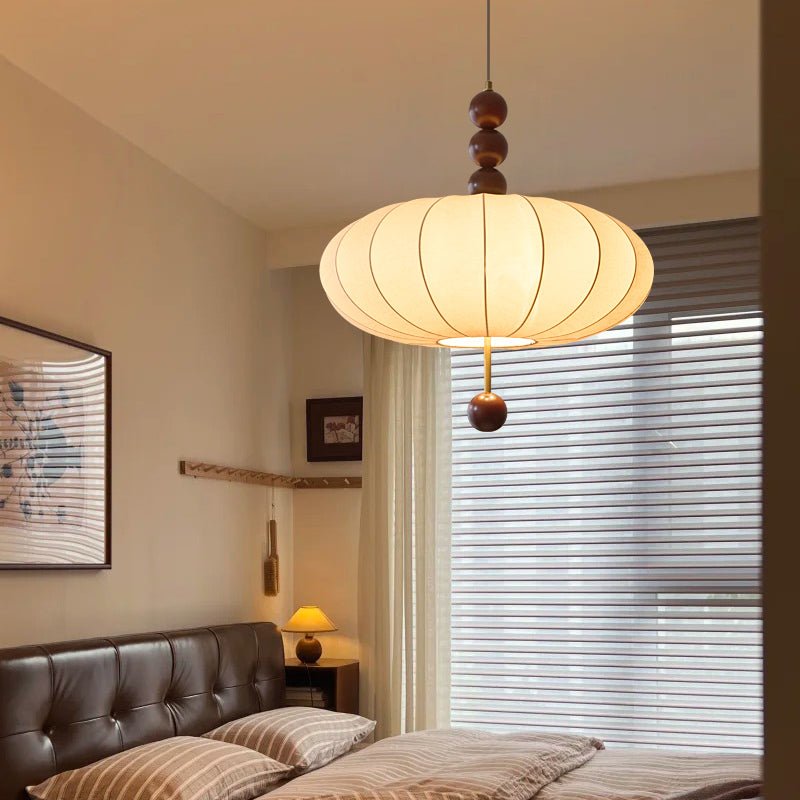 Adelaide Fabric Pendant Light Walnut Wood Beige Linen Dining Room Bedroom — 15 to 19 Inch