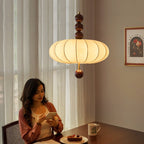 Adelaide Fabric Pendant Light Walnut Wood Beige Linen Dining Room Bedroom — 15 to 19 Inch