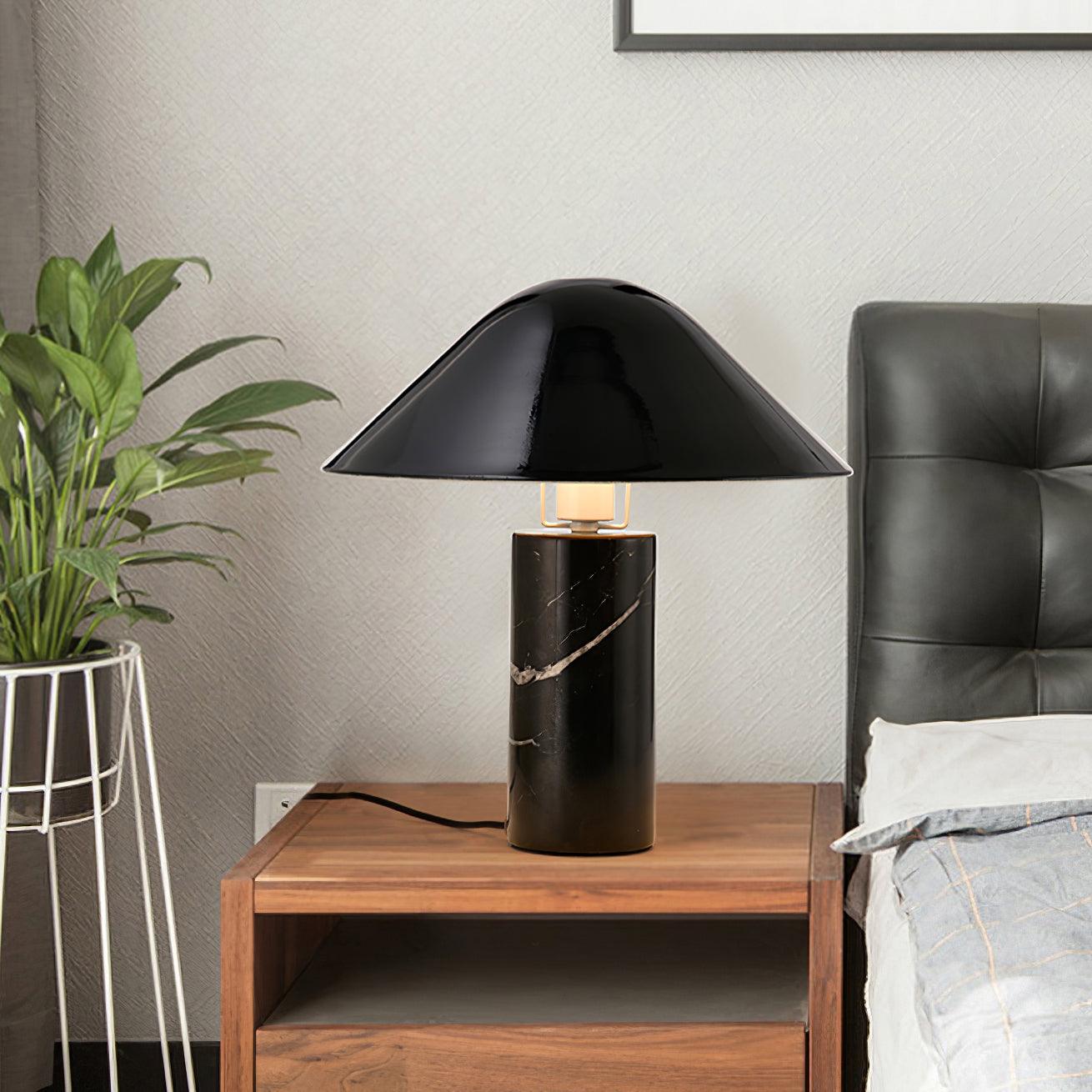 Marble Table Lamp Luxury Cylindrical Base Fabric Shade Bedside Bedroom — Black White 14 Inch