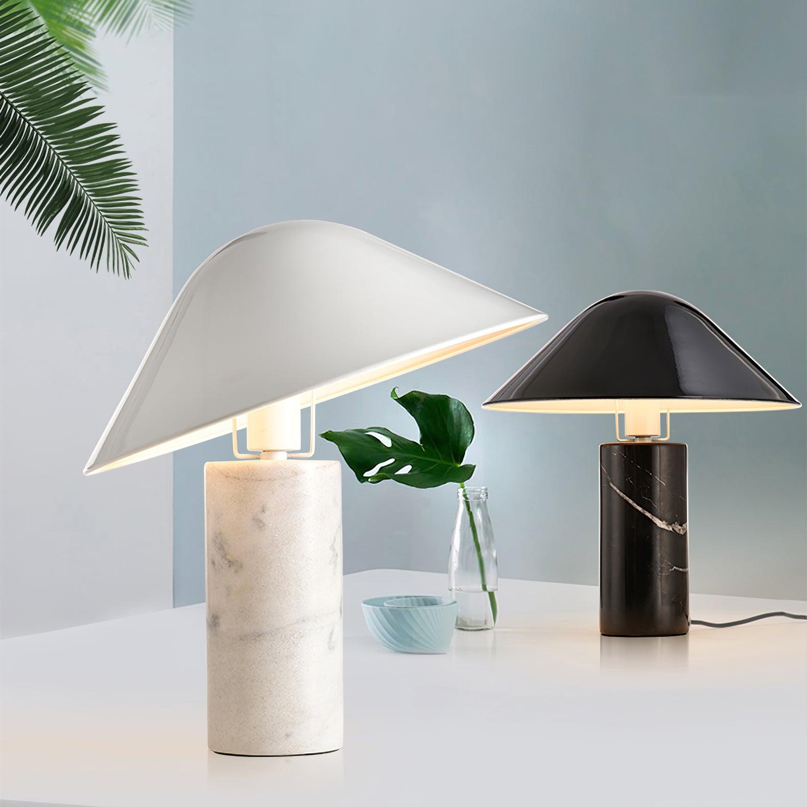 Marble Table Lamp Luxury Cylindrical Base Fabric Shade Bedside Bedroom — Black White 14 Inch