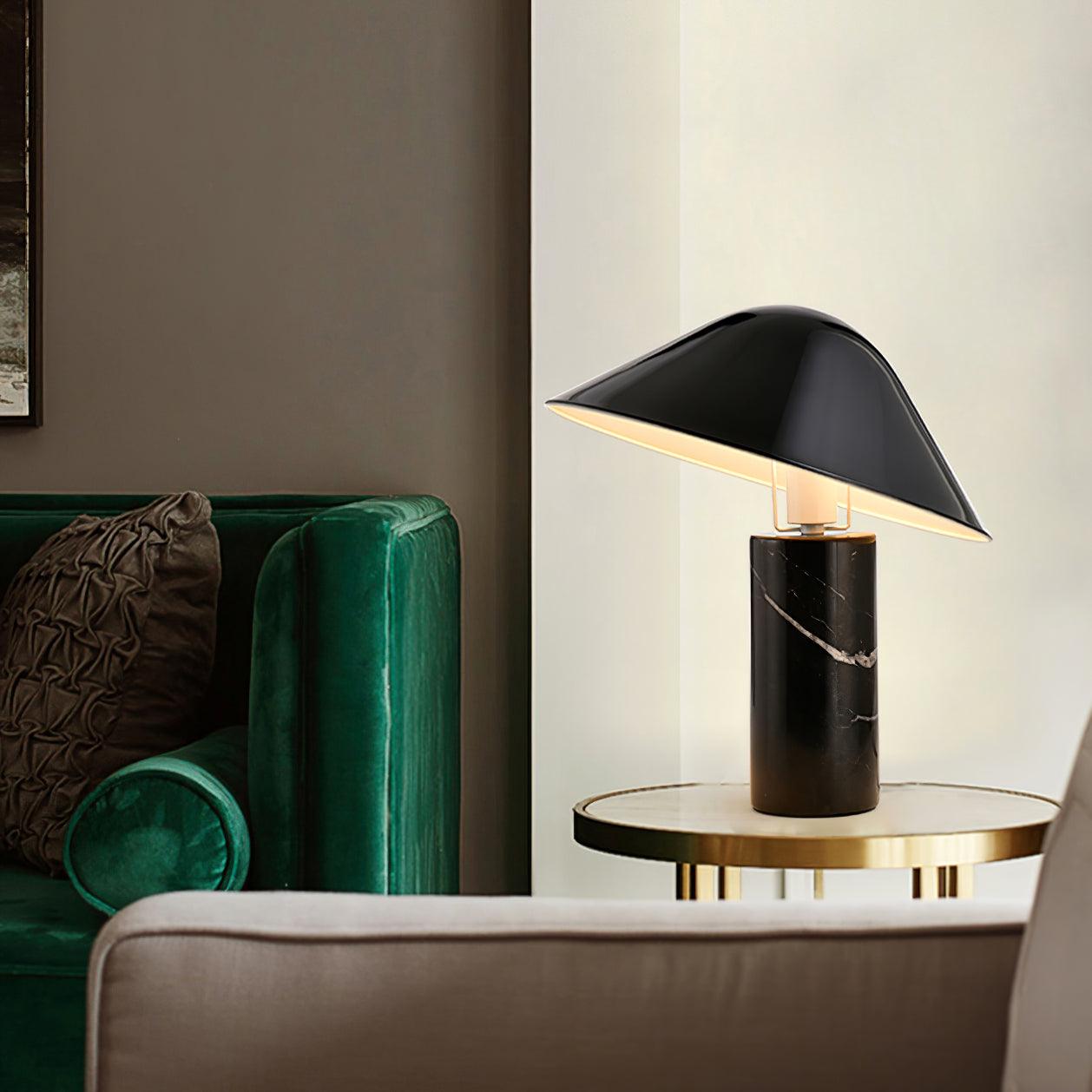 Marble Table Lamp Luxury Cylindrical Base Fabric Shade Bedside Bedroom — Black White 14 Inch