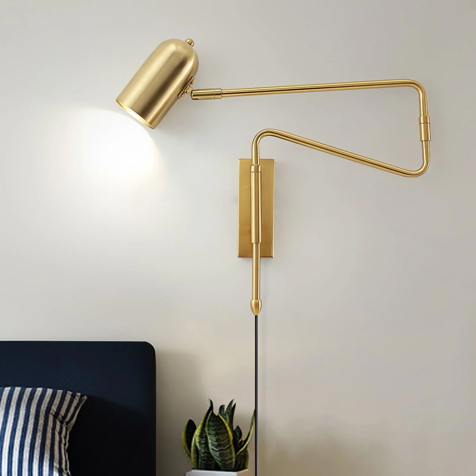 Adjustable Arm Plug-In Wall Lamp Swing Arm Bedroom Living Room Bedside — Gold Black US Plug
