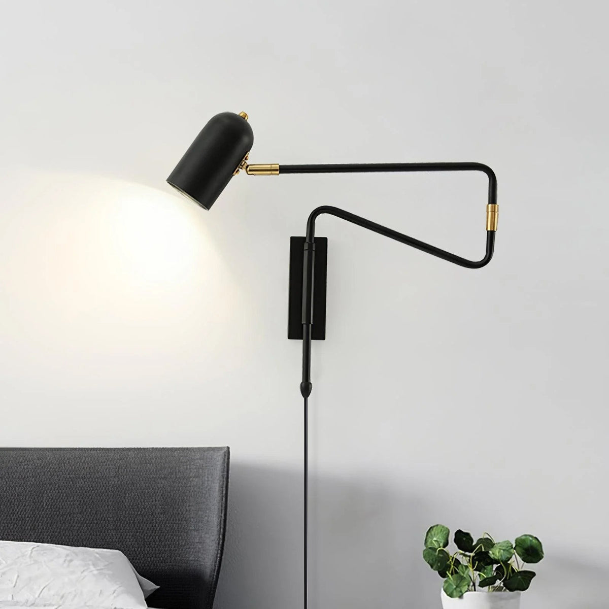 Adjustable Arm Plug-In Wall Lamp Swing Arm Bedroom Living Room Bedside — Gold Black US Plug