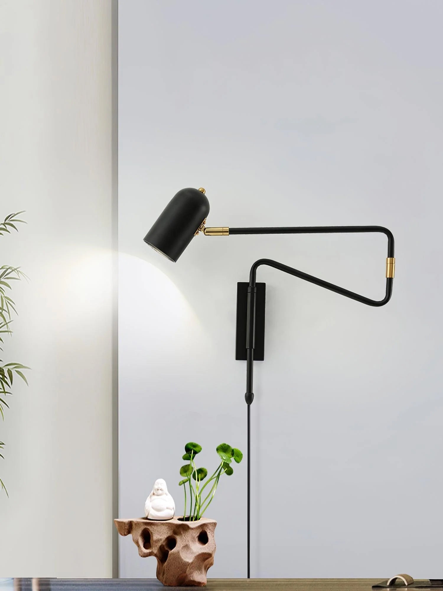Adjustable Arm Plug-In Wall Lamp Swing Arm Bedroom Living Room Bedside — Gold Black US Plug