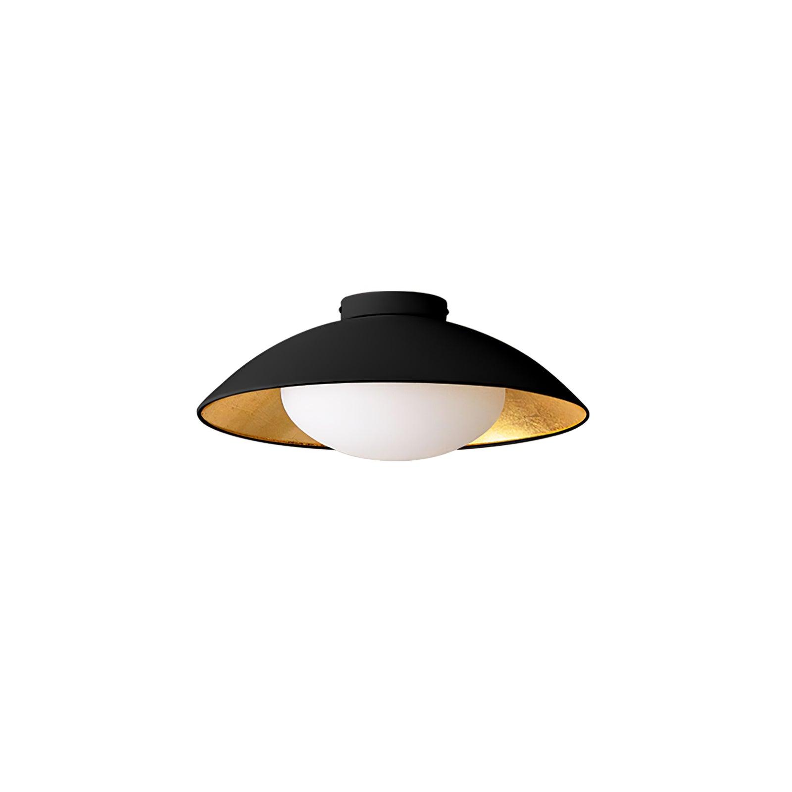 Mid-Century Flush Mount Ceiling Lamp Black Gold Rounded Shade Bedroom Dining Room — 17 Inch