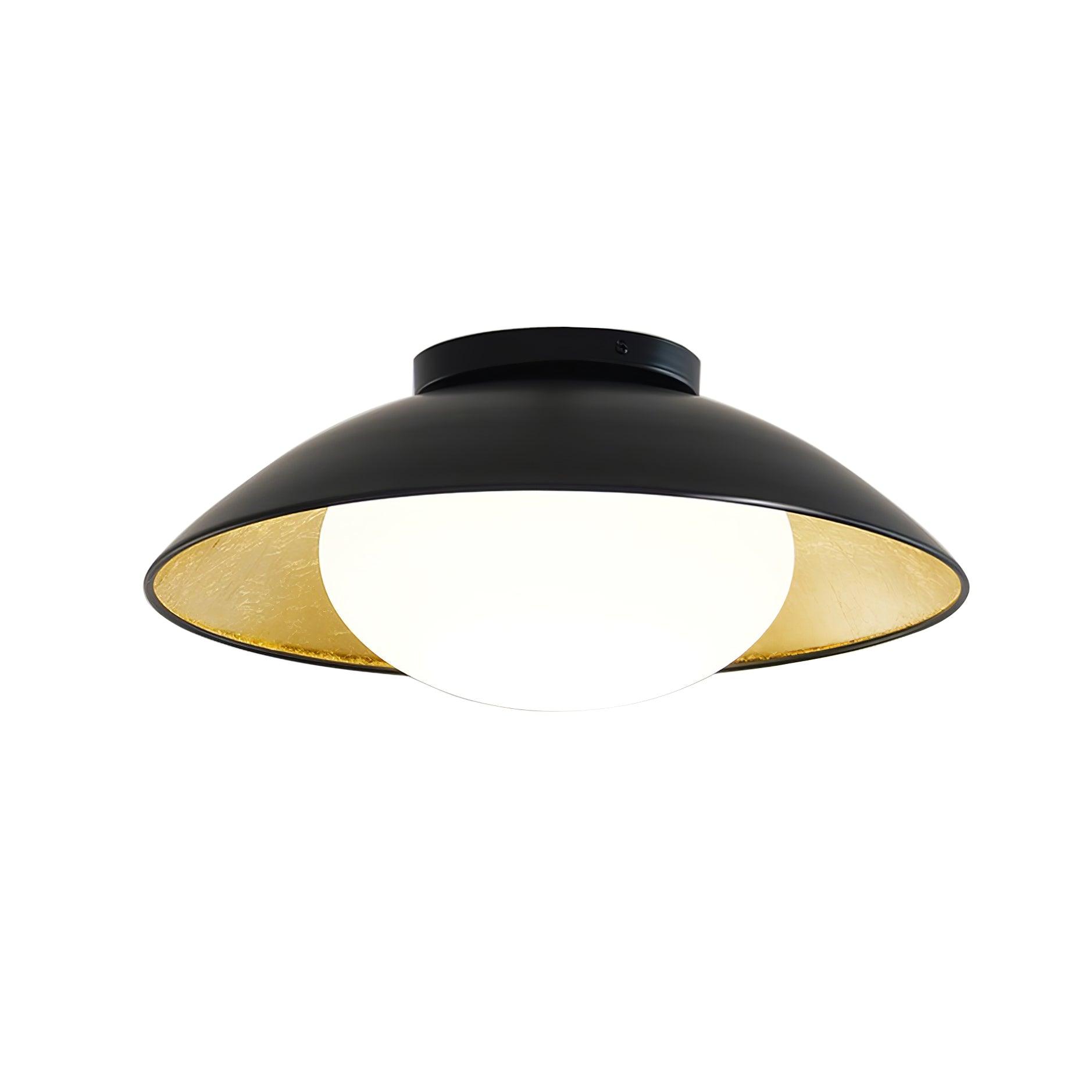 Mid-Century Flush Mount Ceiling Lamp Black Gold Rounded Shade Bedroom Dining Room — 17 Inch