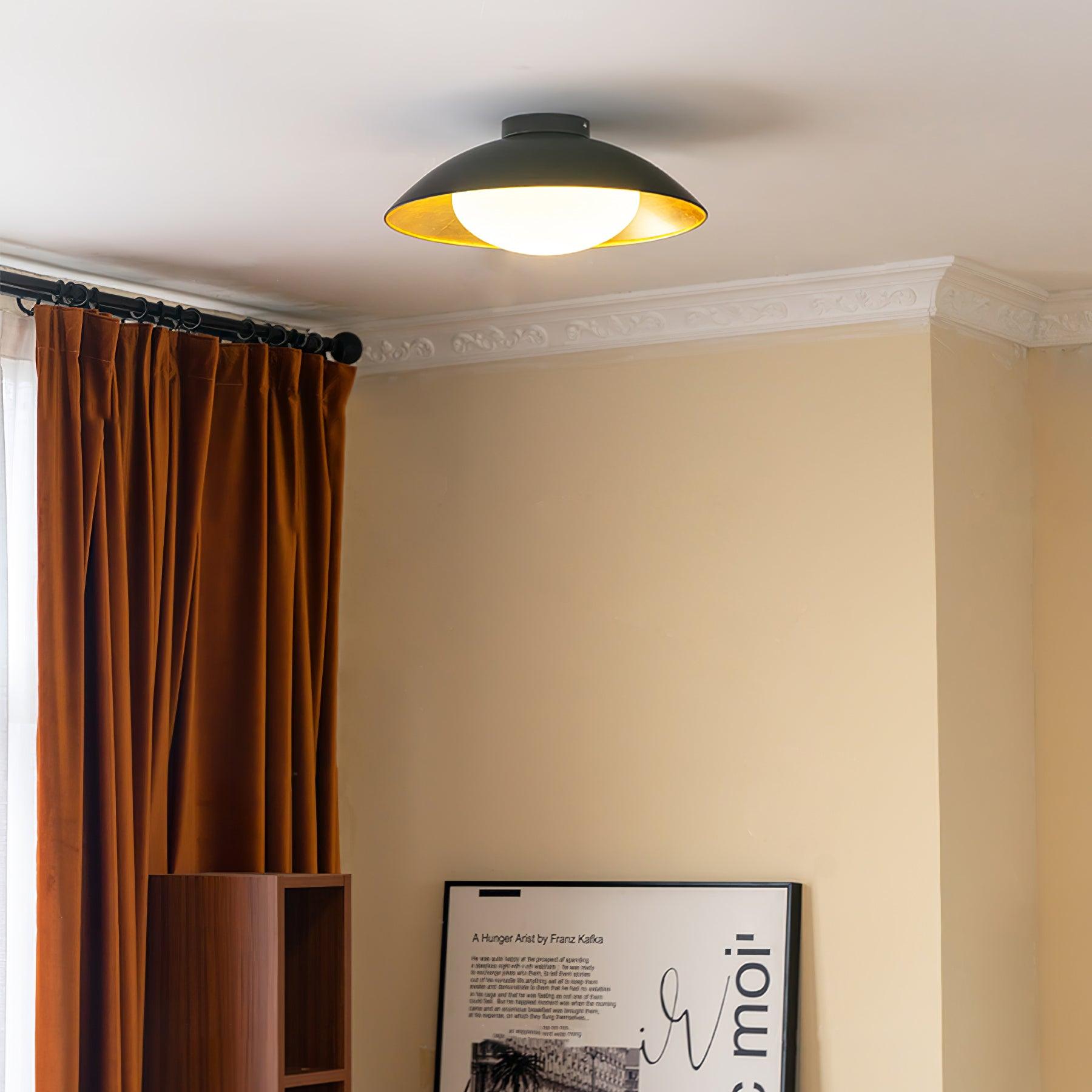 Mid-Century Flush Mount Ceiling Lamp Black Gold Rounded Shade Bedroom Dining Room — 17 Inch