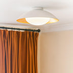 Mid-Century Flush Mount Ceiling Lamp Black Gold Rounded Shade Bedroom Dining Room — 17 Inch