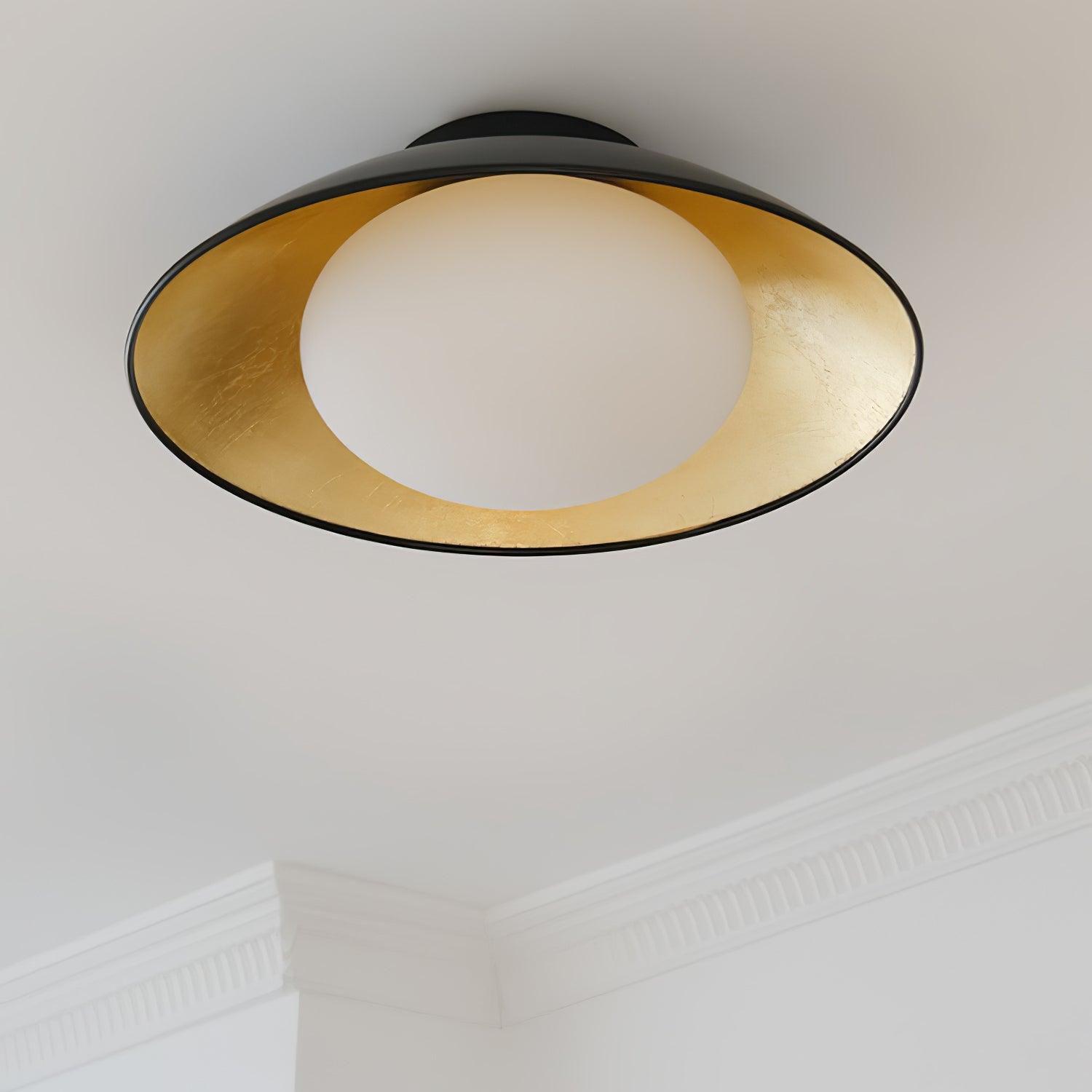 Mid-Century Flush Mount Ceiling Lamp Black Gold Rounded Shade Bedroom Dining Room — 17 Inch