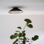 Mid-Century Flush Mount Ceiling Lamp Black Gold Rounded Shade Bedroom Dining Room — 17 Inch