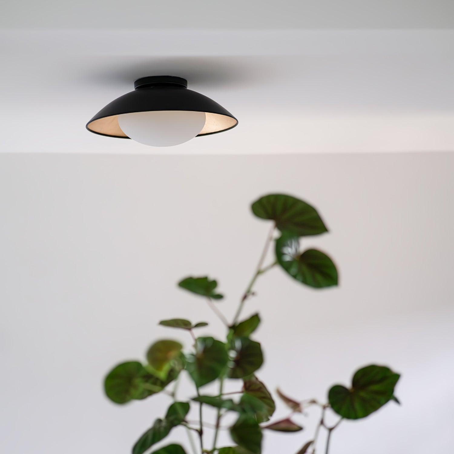 Mid-Century Flush Mount Ceiling Lamp Black Gold Rounded Shade Bedroom Dining Room — 17 Inch