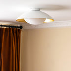 Mid-Century Flush Mount Ceiling Lamp Black Gold Rounded Shade Bedroom Dining Room — 17 Inch