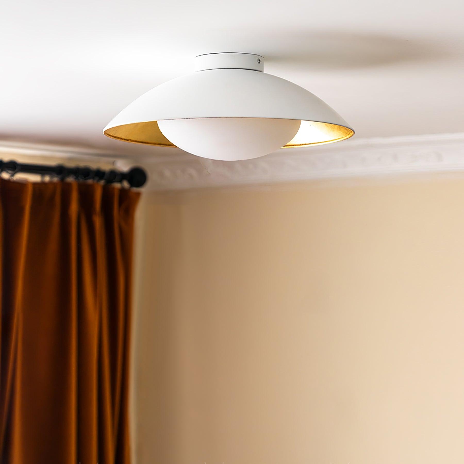 Mid-Century Flush Mount Ceiling Lamp Black Gold Rounded Shade Bedroom Dining Room — 17 Inch