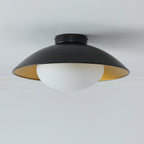 Mid-Century Flush Mount Ceiling Lamp Black Gold Rounded Shade Bedroom Dining Room — 17 Inch