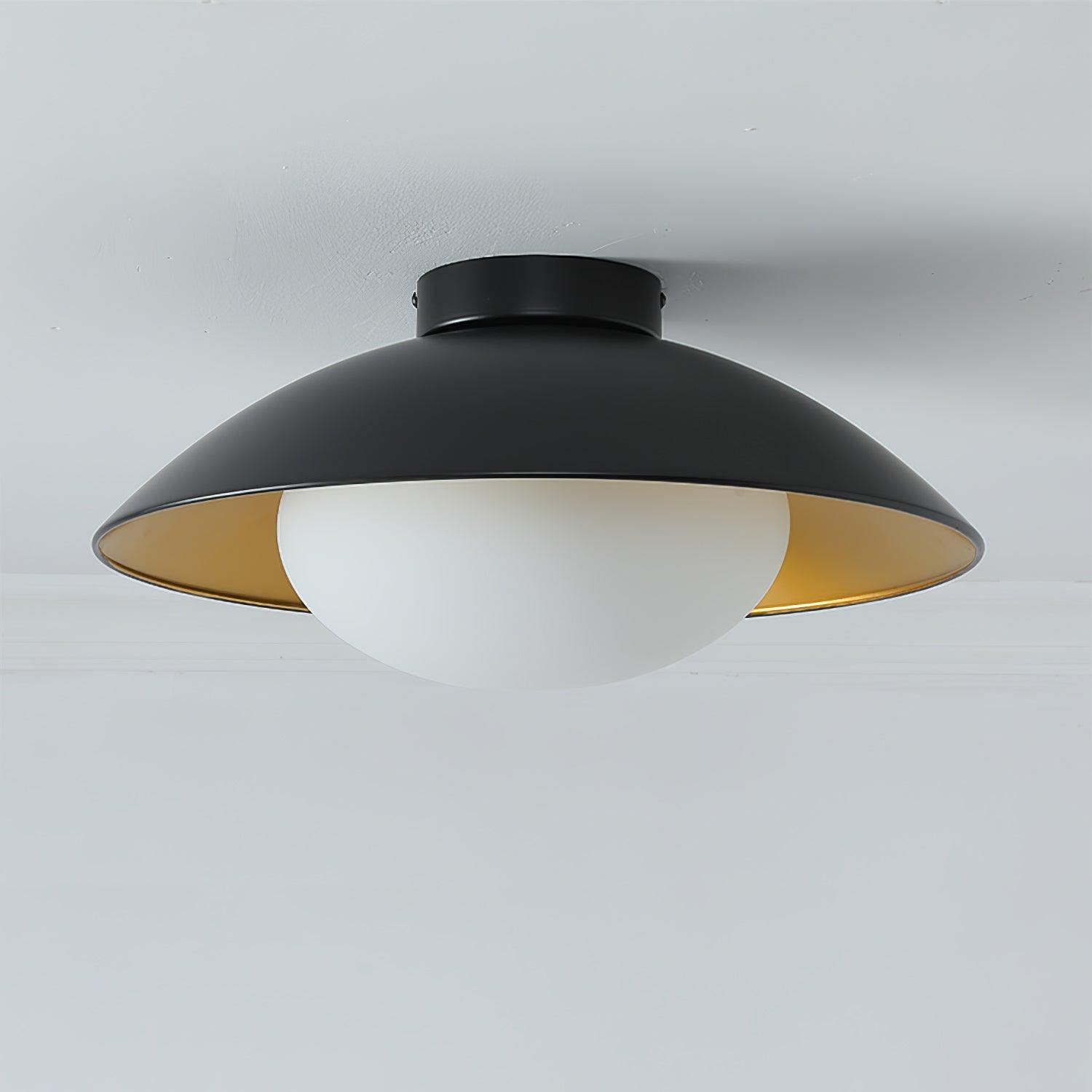 Mid-Century Flush Mount Ceiling Lamp Black Gold Rounded Shade Bedroom Dining Room — 17 Inch