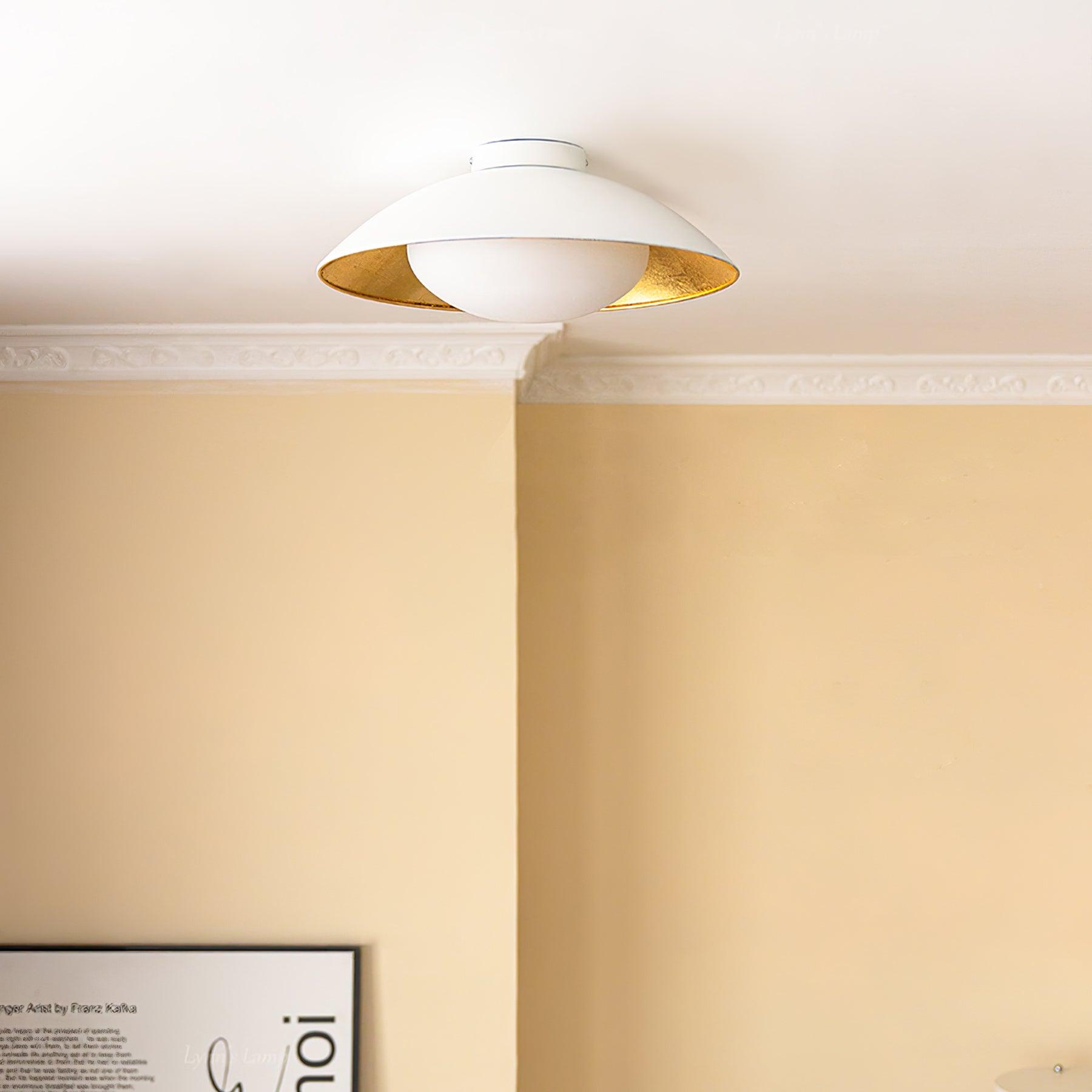 Mid-Century Flush Mount Ceiling Lamp Black Gold Rounded Shade Bedroom Dining Room — 17 Inch