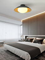 Mid-Century Flush Mount Ceiling Lamp Black Gold Rounded Shade Bedroom Dining Room — 17 Inch
