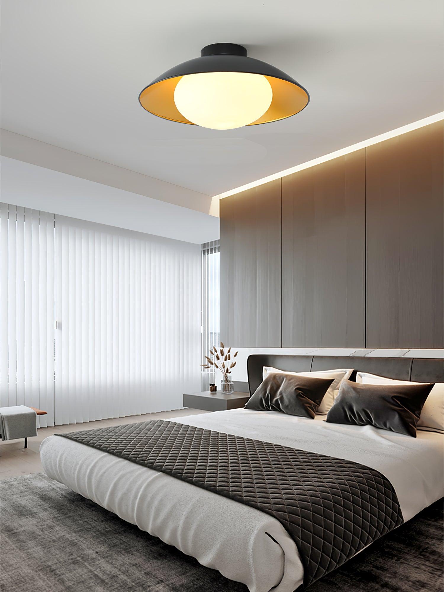 Mid-Century Flush Mount Ceiling Lamp Black Gold Rounded Shade Bedroom Dining Room — 17 Inch