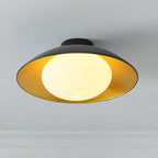 Mid-Century Flush Mount Ceiling Lamp Black Gold Rounded Shade Bedroom Dining Room — 17 Inch