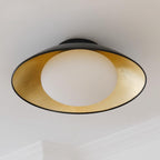 Mid-Century Flush Mount Ceiling Lamp Black Gold Rounded Shade Bedroom Dining Room — 17 Inch