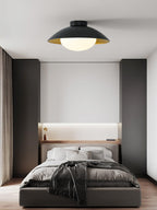 Mid-Century Flush Mount Ceiling Lamp Black Gold Rounded Shade Bedroom Dining Room — 17 Inch