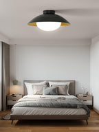 Mid-Century Flush Mount Ceiling Lamp Black Gold Rounded Shade Bedroom Dining Room — 17 Inch