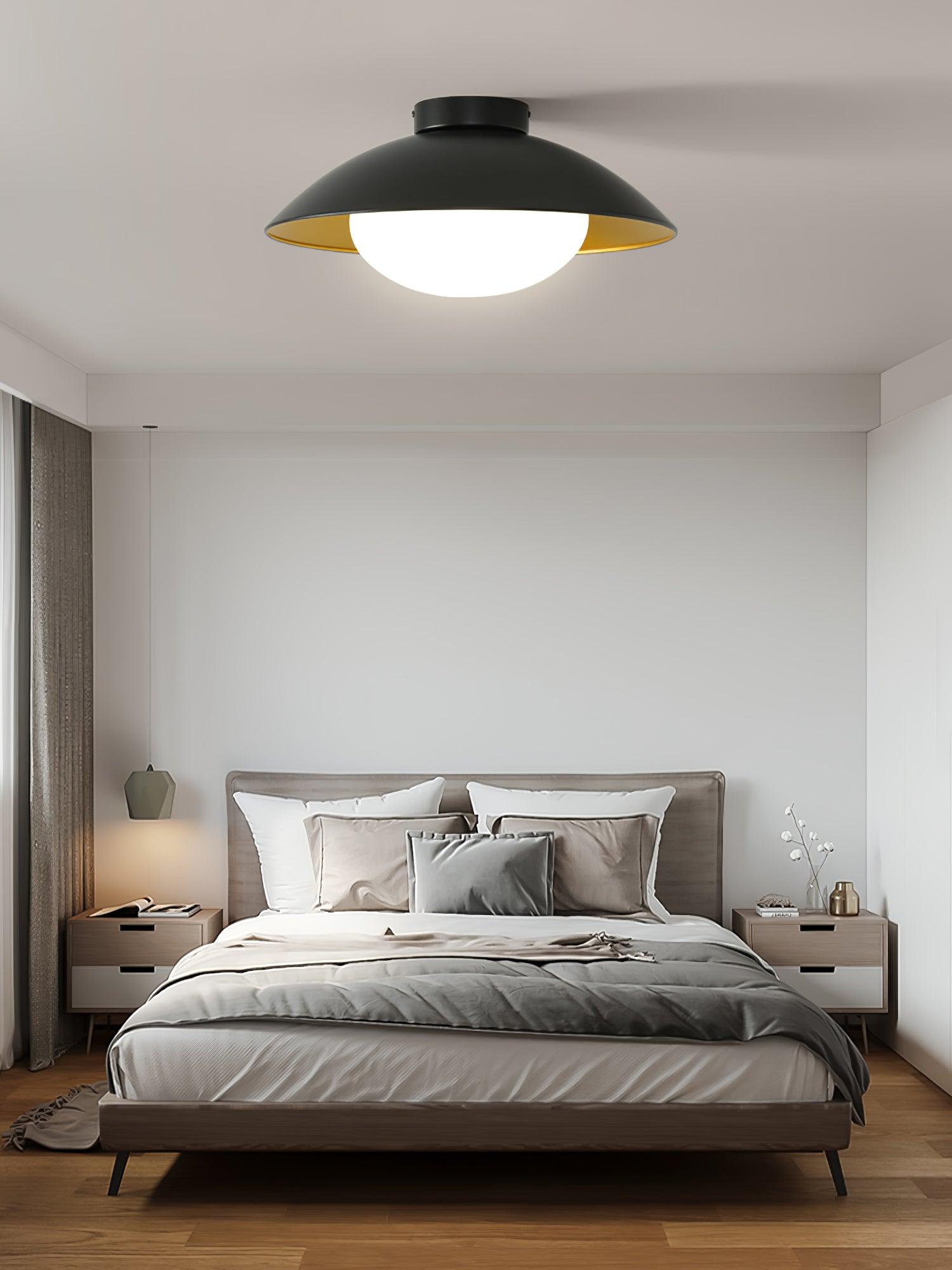 Mid-Century Flush Mount Ceiling Lamp Black Gold Rounded Shade Bedroom Dining Room — 17 Inch