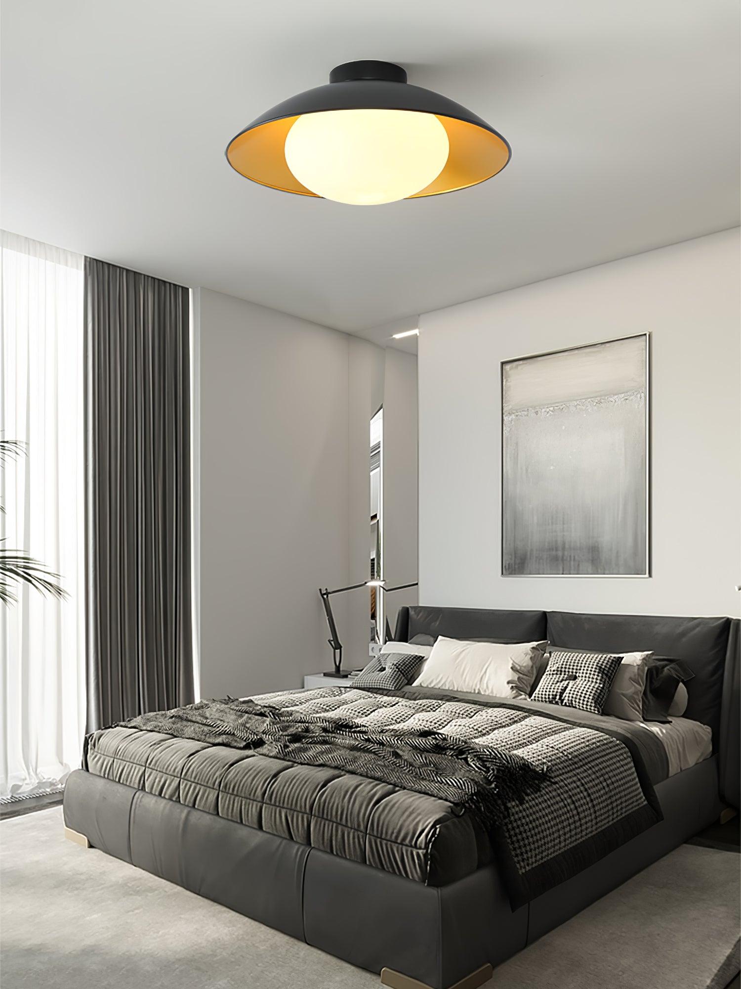 Mid-Century Flush Mount Ceiling Lamp Black Gold Rounded Shade Bedroom Dining Room — 17 Inch