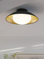 Mid-Century Flush Mount Ceiling Lamp Black Gold Rounded Shade Bedroom Dining Room — 17 Inch