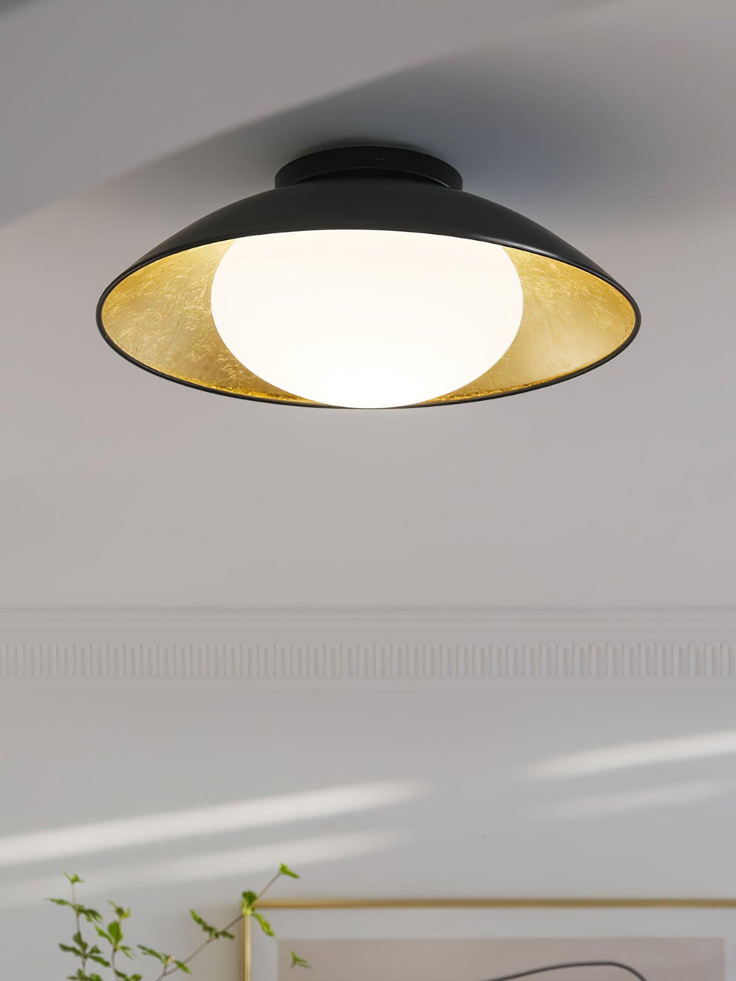 Mid-Century Flush Mount Ceiling Lamp Black Gold Rounded Shade Bedroom Dining Room — 17 Inch