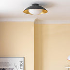 Mid-Century Flush Mount Ceiling Lamp Black Gold Rounded Shade Bedroom Dining Room — 17 Inch
