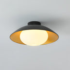 Mid-Century Flush Mount Ceiling Lamp Black Gold Rounded Shade Bedroom Dining Room — 17 Inch