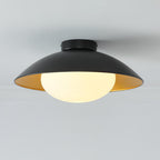 Mid-Century Flush Mount Ceiling Lamp Black Gold Rounded Shade Bedroom Dining Room — 17 Inch