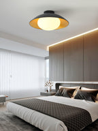 Mid-Century Flush Mount Ceiling Lamp Black Gold Rounded Shade Bedroom Dining Room — 17 Inch