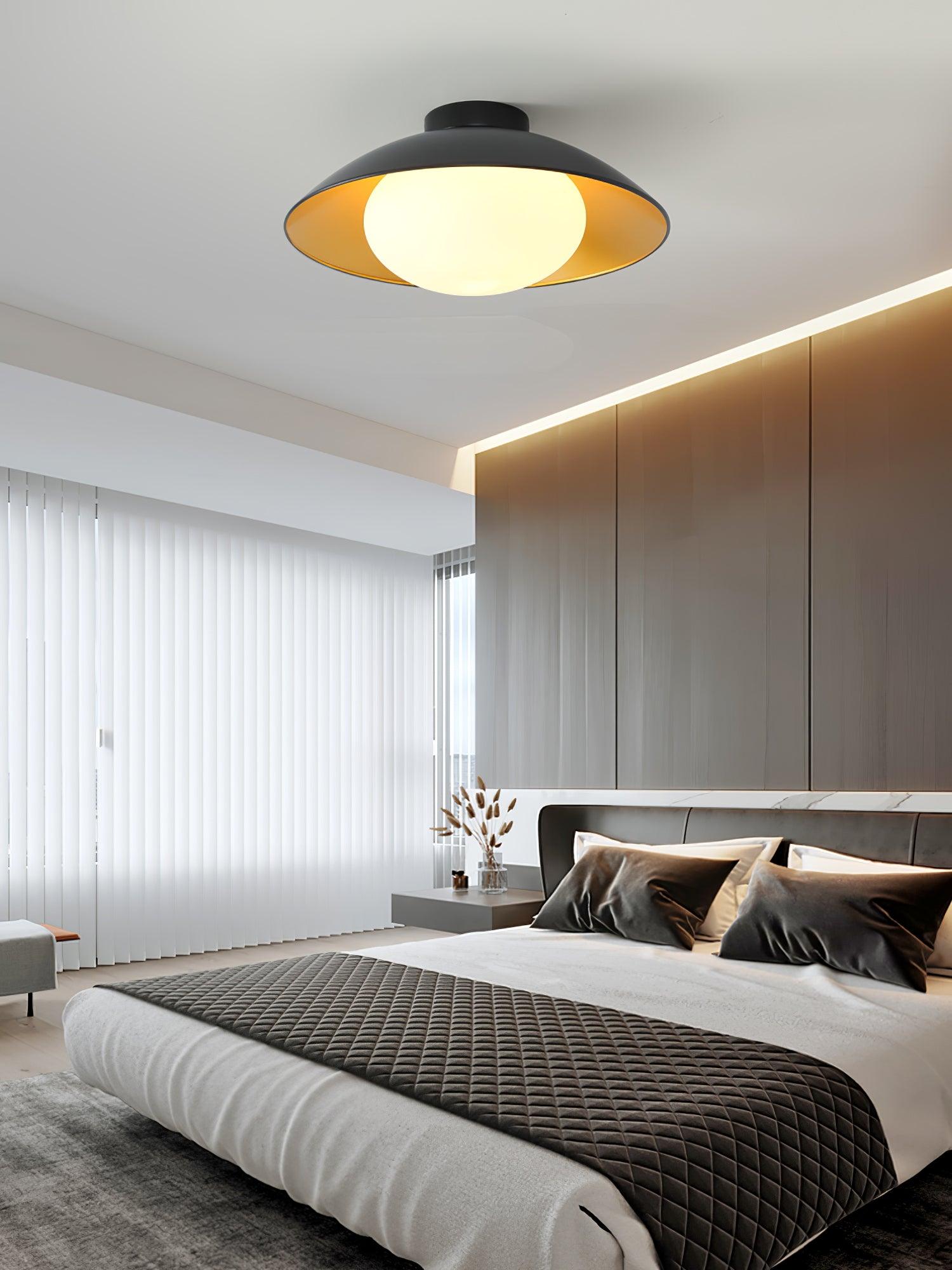 Mid-Century Flush Mount Ceiling Lamp Black Gold Rounded Shade Bedroom Dining Room — 17 Inch