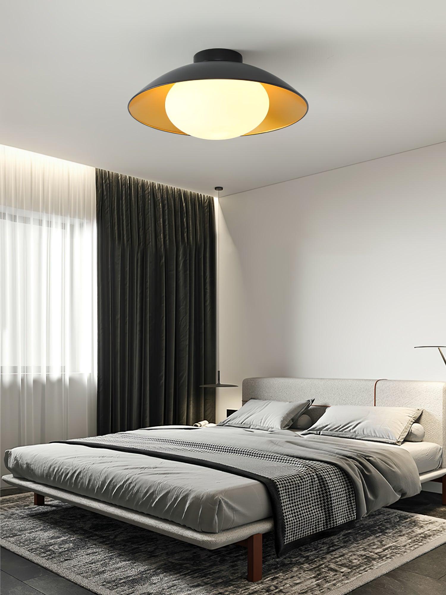 Mid-Century Flush Mount Ceiling Lamp Black Gold Rounded Shade Bedroom Dining Room — 17 Inch