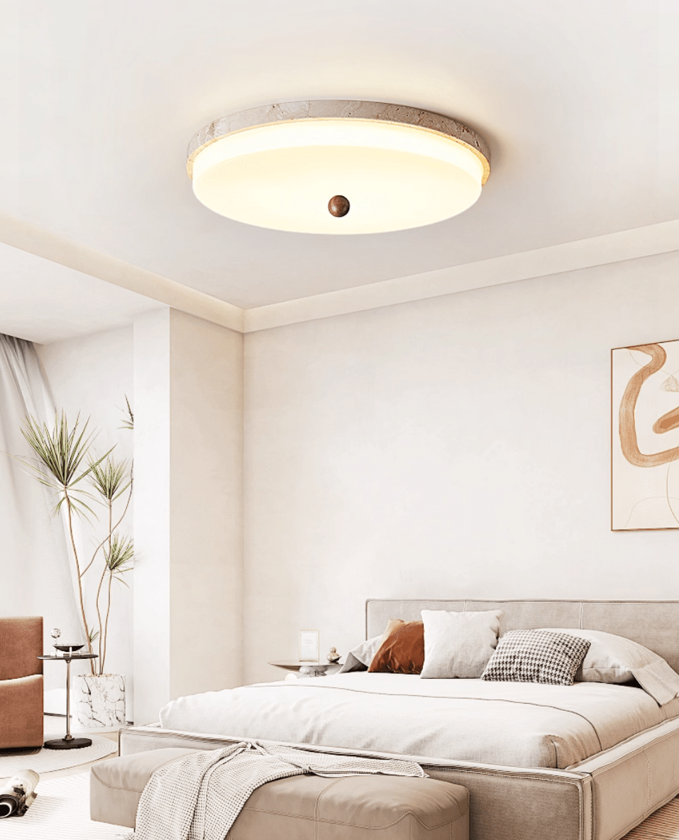 Travertine Orb Stone Flush Mount Ceiling Lamp Natural Yellow Travertine Bedroom Dining — 11 to 19 Inch