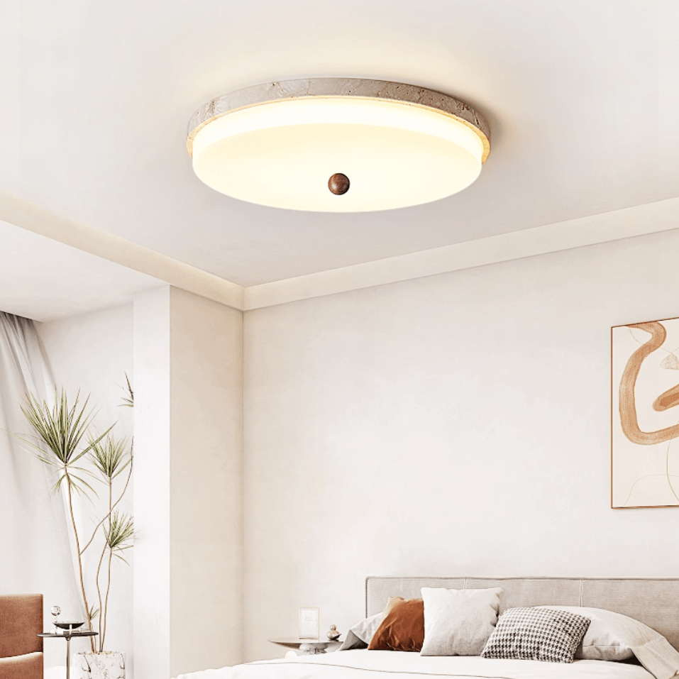 Travertine Orb Stone Flush Mount Ceiling Lamp Natural Yellow Travertine Bedroom Dining — 11 to 19 Inch