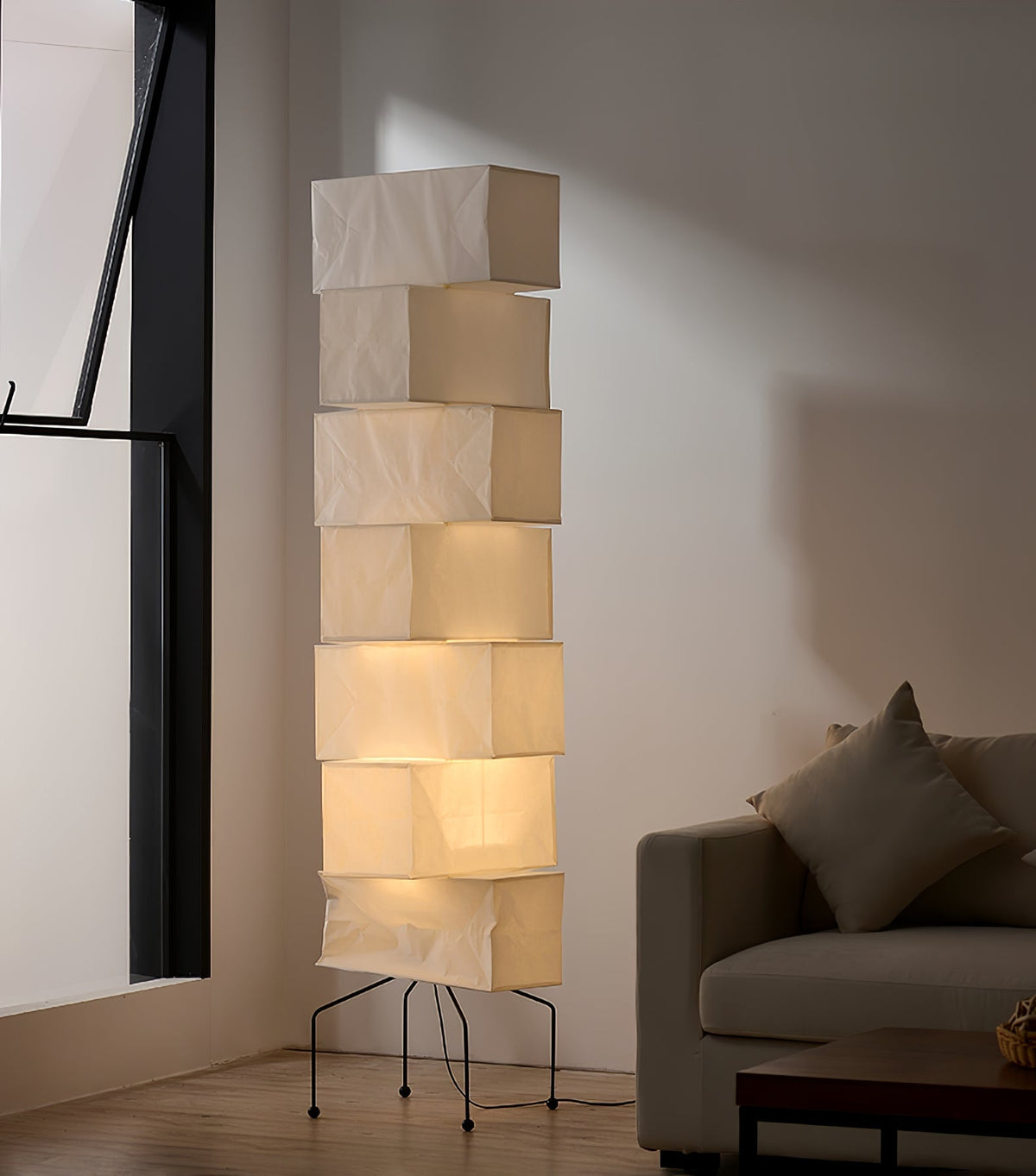 Decolune Sora Stacked Rice Paper Floor Lamp Black & White