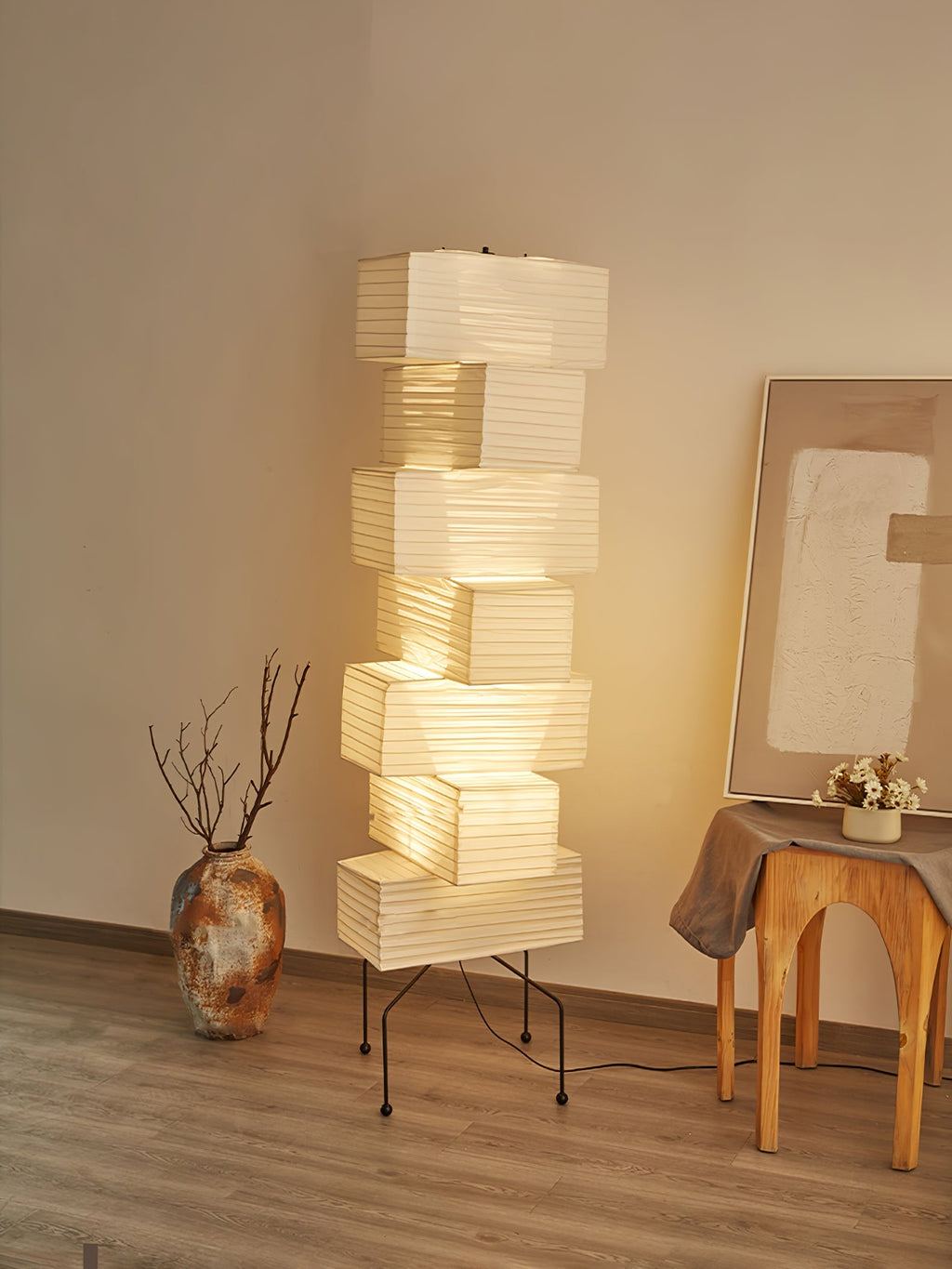 Decolune Sora Stacked Rice Paper Floor Lamp Black & White
