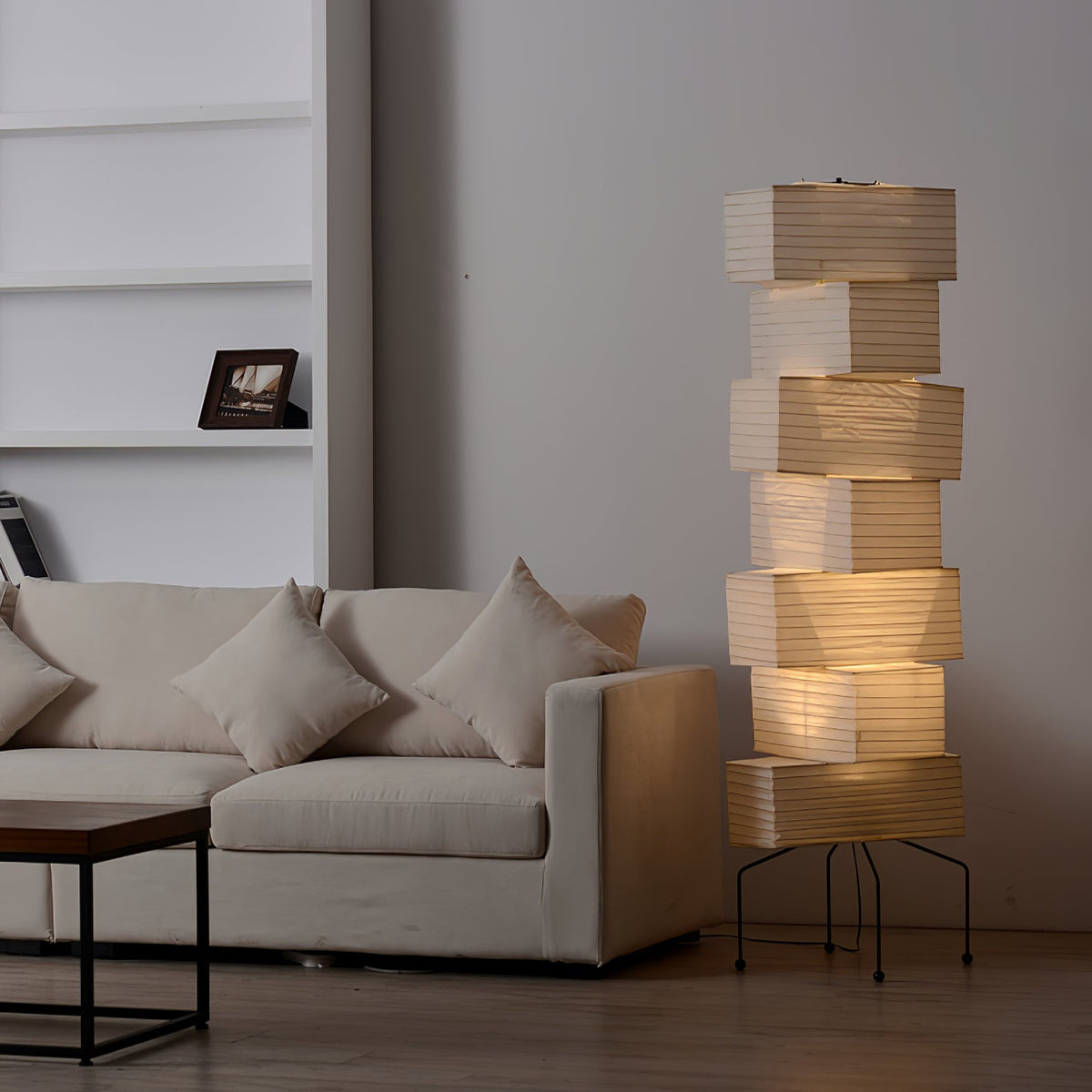 Decolune Sora Stacked Rice Paper Floor Lamp Black & White