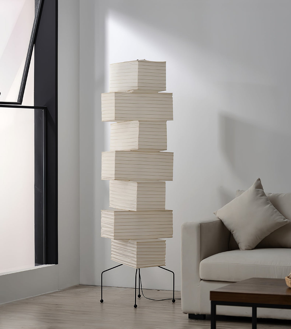 Decolune Sora Stacked Rice Paper Floor Lamp Black & White