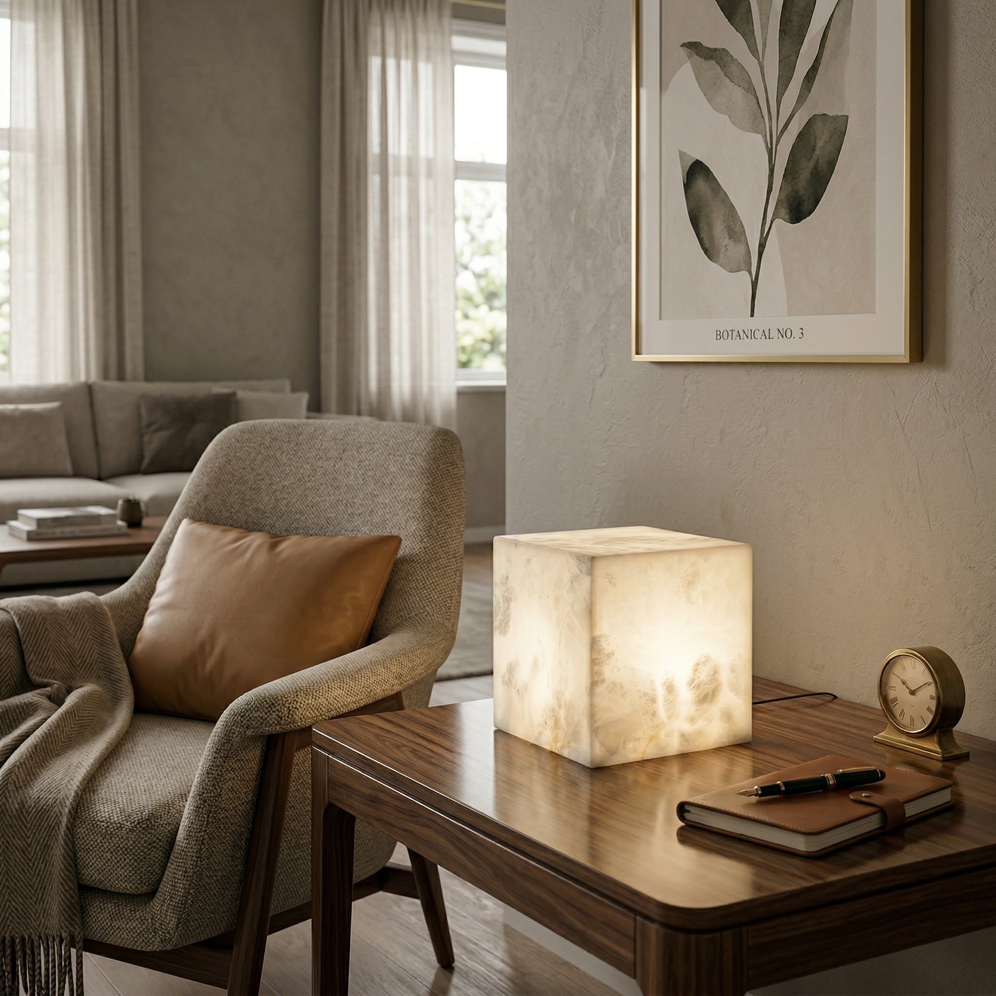 Alabaster Cubic Table Lamp Spanish Natural Stone Integrated LED Warm Light Bedside Living Room — 3 Sizes