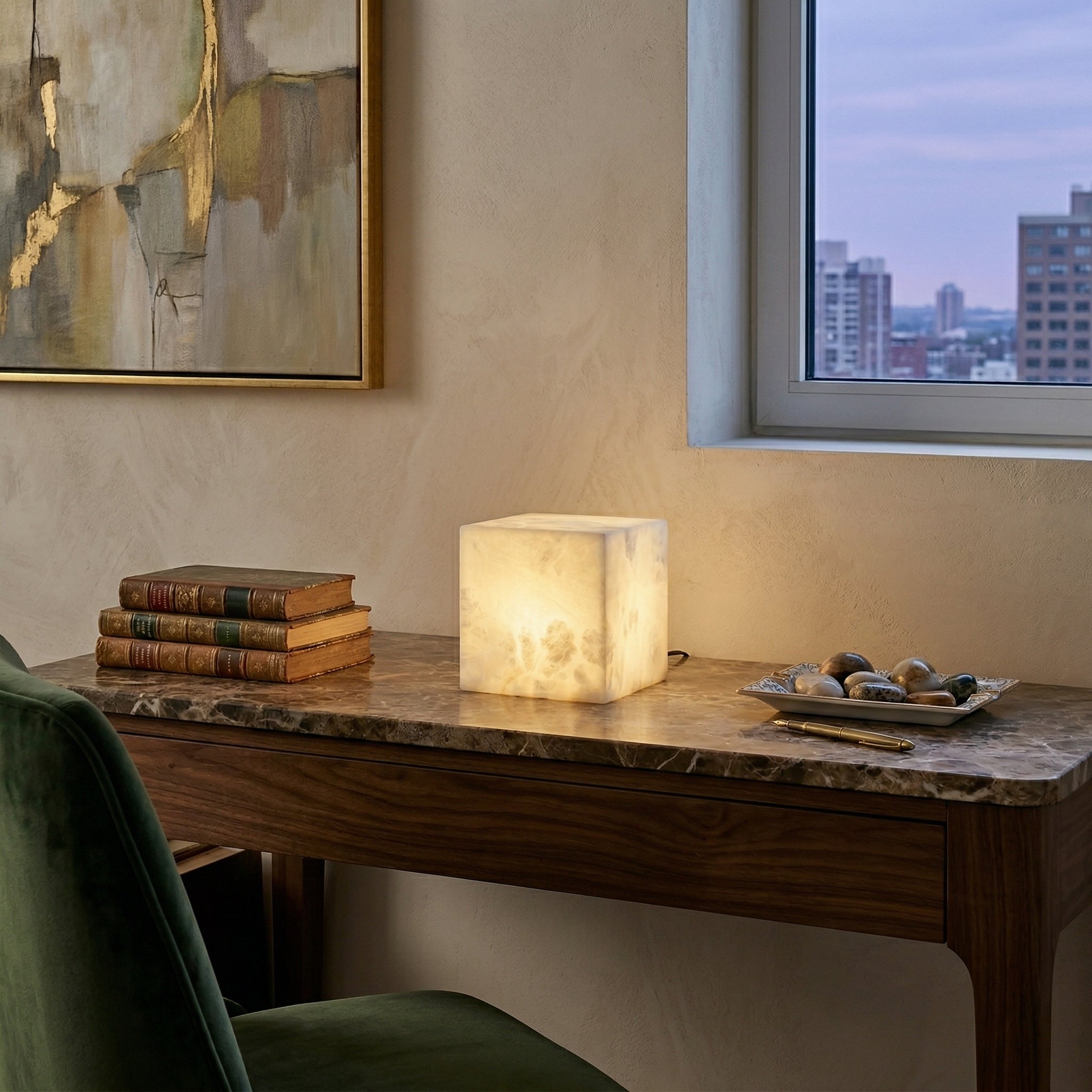 Alabaster Cubic Table Lamp Spanish Natural Stone Integrated LED Warm Light Bedside Living Room — 3 Sizes