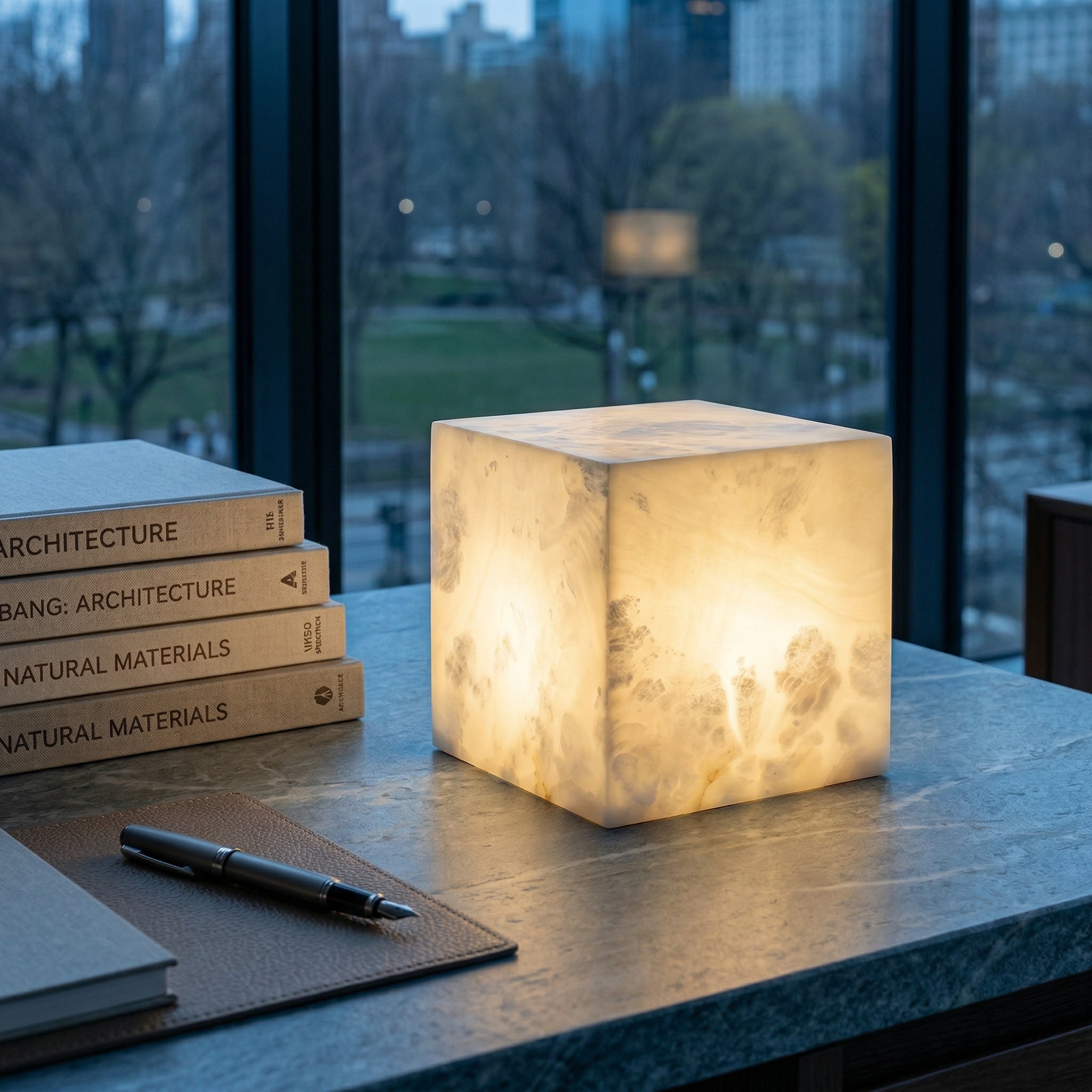Alabaster Cubic Table Lamp Spanish Natural Stone Integrated LED Warm Light Bedside Living Room — 3 Sizes