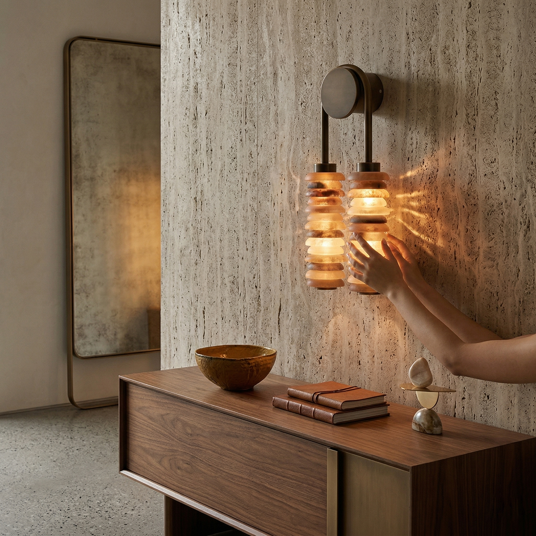 Payson Alabaster Wall Lamp Large Format Natural Stone LED Luxury Bedroom Living Room — 3 Plug Options