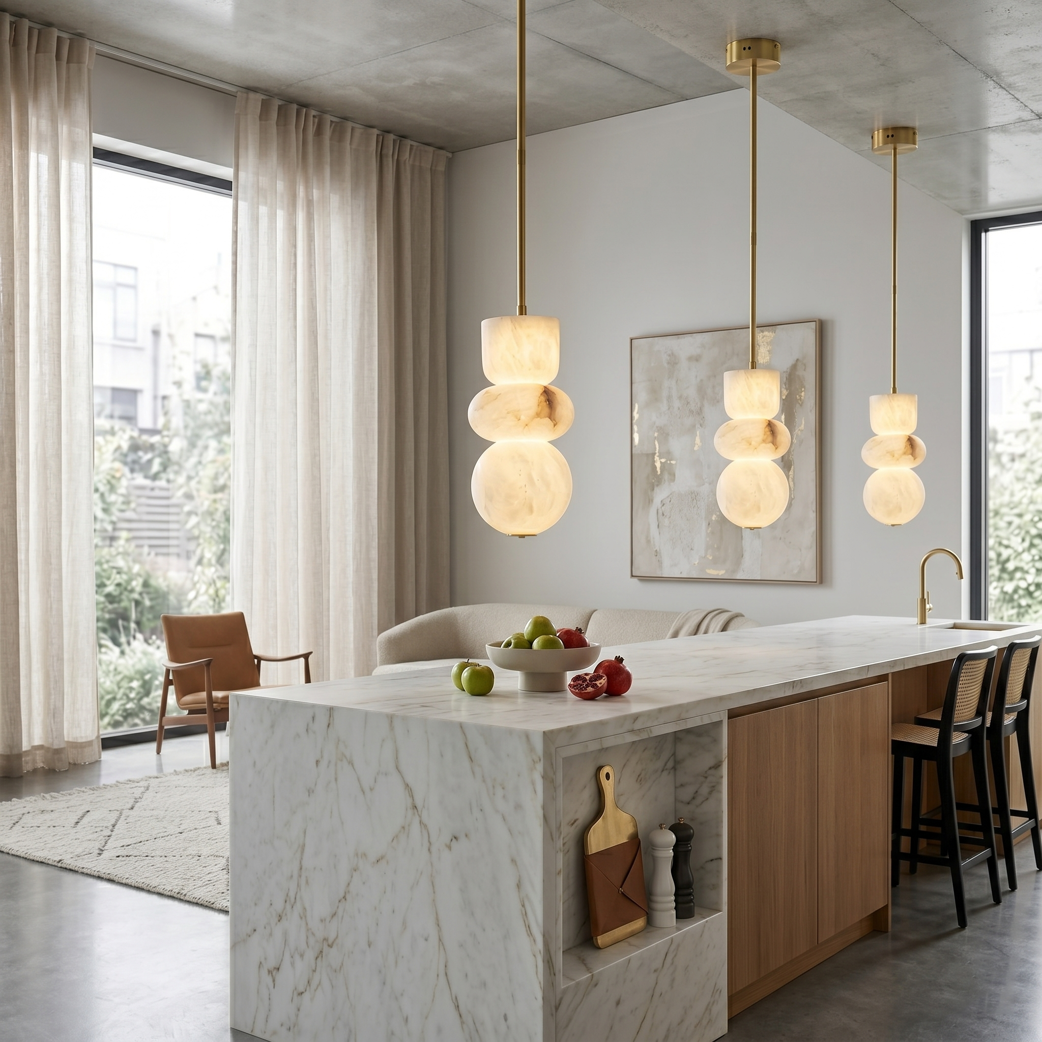 Alabaster Totem Pendant Lamp Stacked Natural Stone LED Warm White Dining Room Bedroom — 5 Configurations