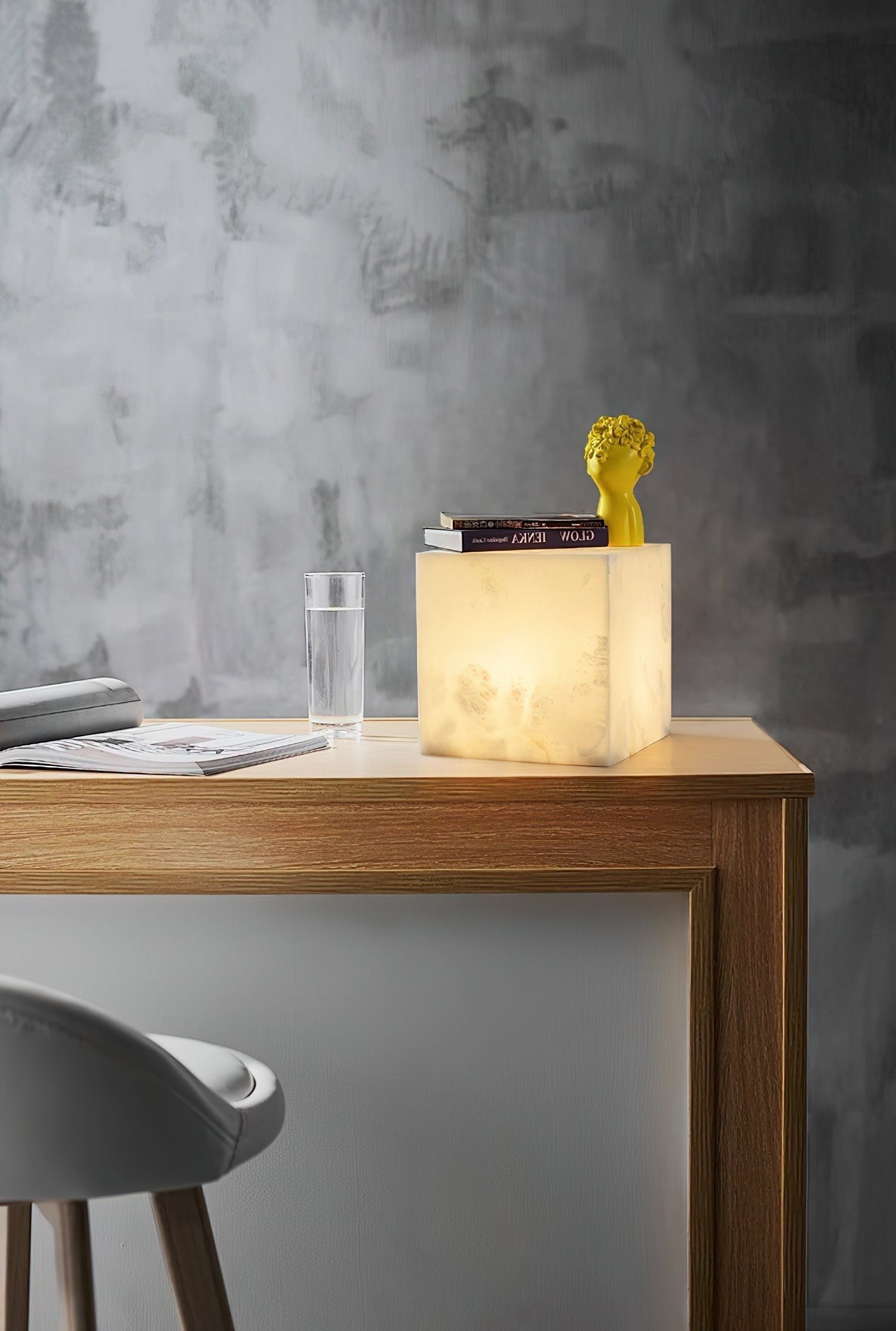 Alabaster Cubic Table Lamp Spanish Natural Stone Integrated LED Warm Light Bedside Living Room — 3 Sizes