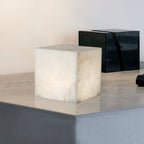 Alabaster Cubic Table Lamp Spanish Natural Stone Integrated LED Warm Light Bedside Living Room — 3 Sizes