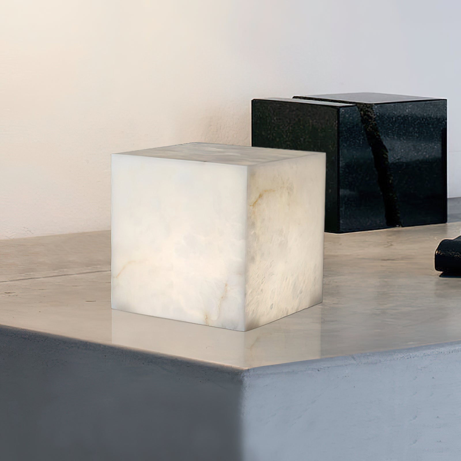 Alabaster Cubic Table Lamp Spanish Natural Stone Integrated LED Warm Light Bedside Living Room — 3 Sizes